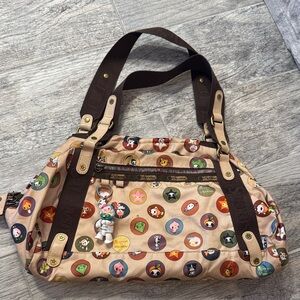 Tokidoki Lesportsac Beige Multi-Character Print Shoulder Bag with Brown Straps